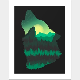 Nature landscape on a Wolf silhouette Posters and Art